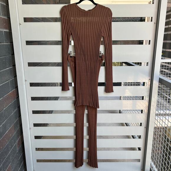 NWT SIR The Label Aya Ribbed Long Sleeve Tunic Top & Pants In Chocolate - Picture 2 of 11